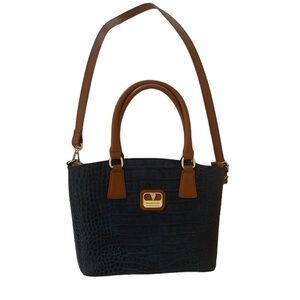 Valentina Navy and Cognac Croc Embossed Leather Satchel Bag